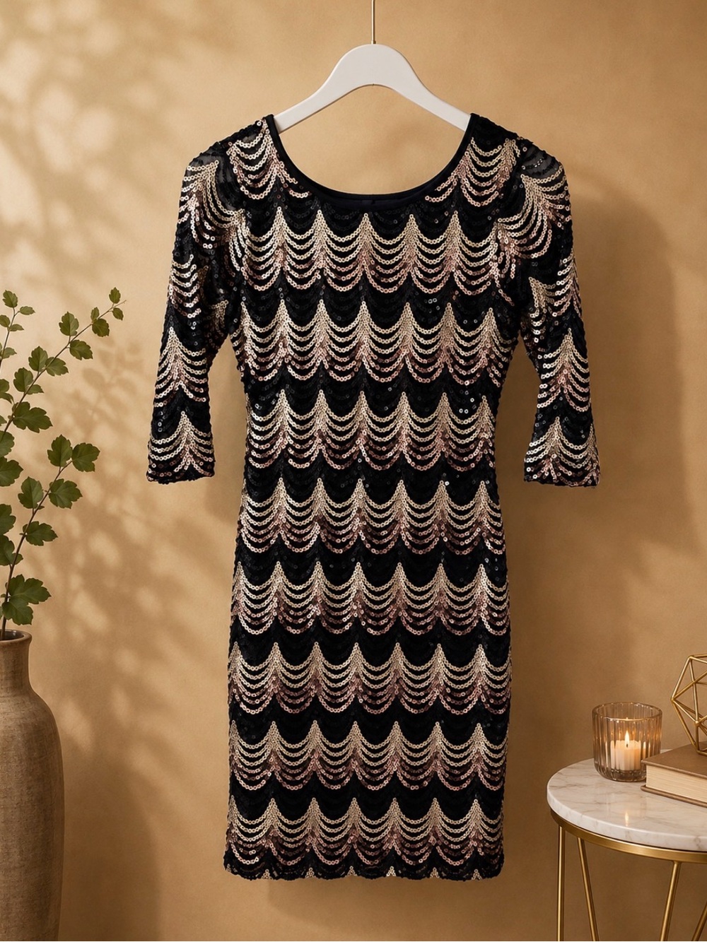 Black Long Sleeve Sequin Bodycon Dress with Rose Gold Accents
